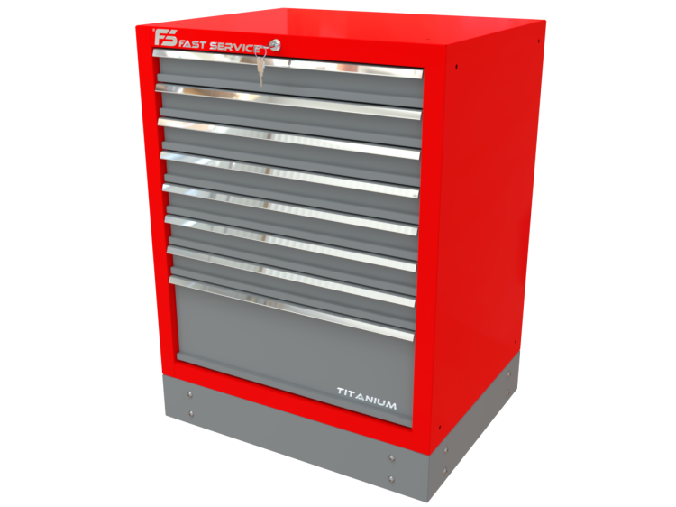 Stalowa szafka warsztatowa do przechowywania narzędzi T-16 z 8 szufladami – widok z prawej strony – uchwyty i zamki szuflad dobrze widoczne