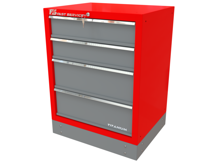 metalowa szafka narzędziowa T-23 w czerwonym kolorze z 4 szufladami – widok z prawej strony, wytrzymała konstrukcja z prowadnicami do dużych obciążeń