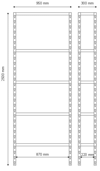 Regał magazynowy 2500x950x300 -   5 półkowy lekki R-1-05-02